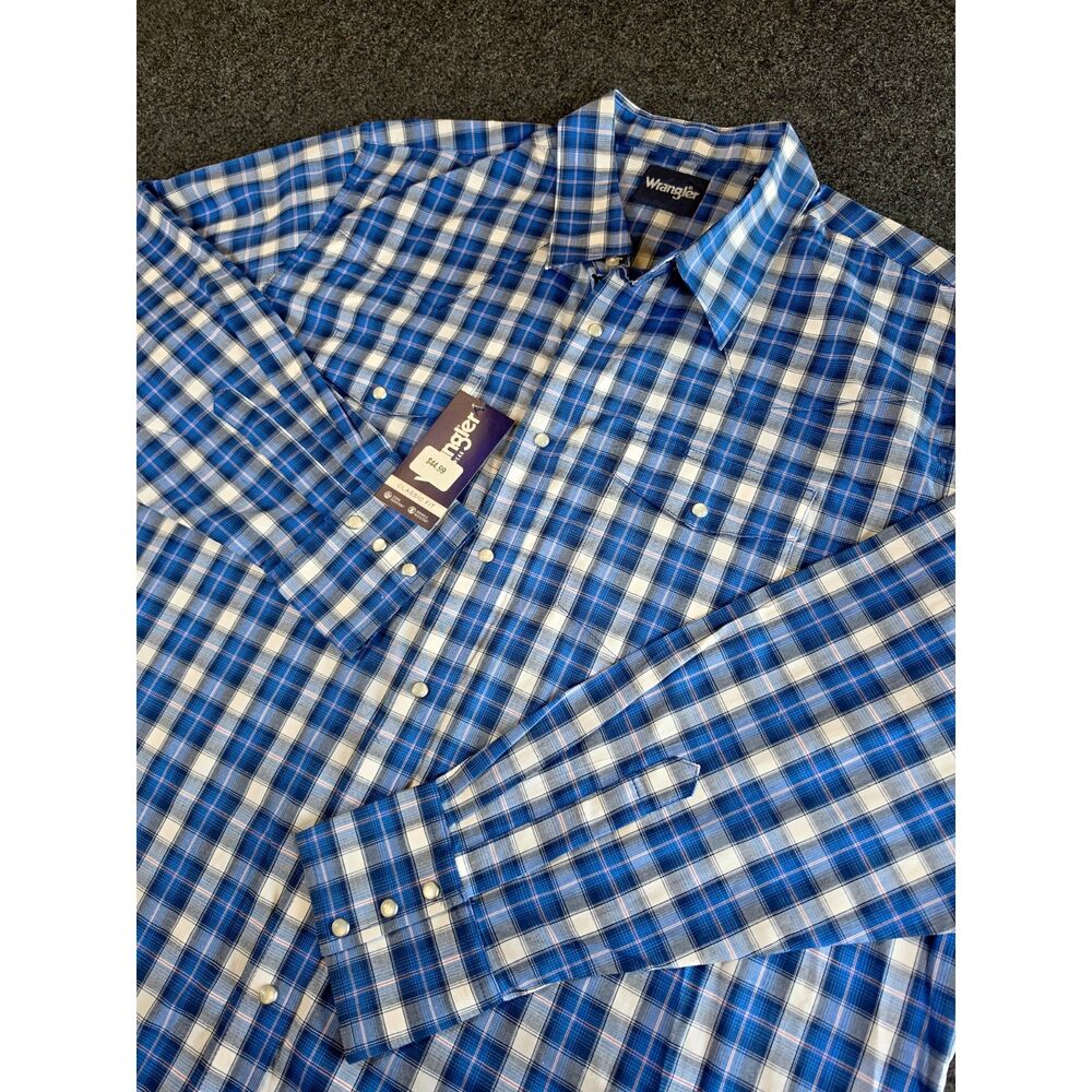 Wrangler Western Shirt Men's XXL Blue Plaid Pearl Snap Classic Fit NWT